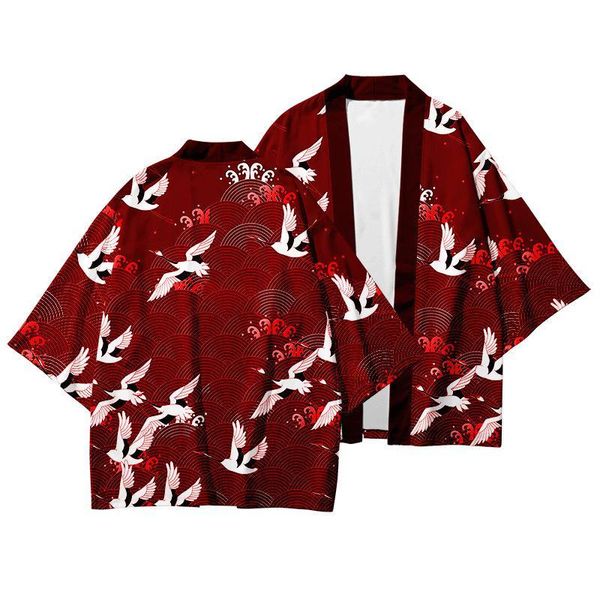 

print anime yukata kimono japanese style haori cardigan loose streetwear casual samurai cosplay costumes 4xl ethnic clothi, Red