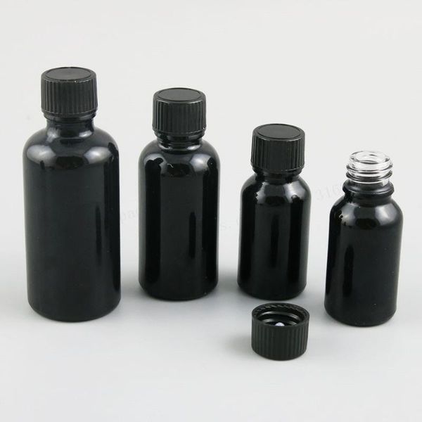 

refillable 10ml 15ml 20ml 1oz 50ml 100ml shining black glass cosmetic essential oil bottle with plastic caps lids 200pcs storage bottles & j