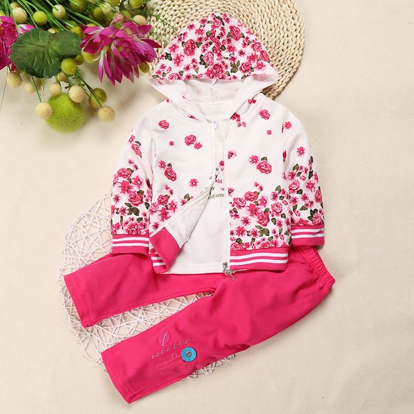 Bebek Kız 3 adet Giyim Takım Elbise Gül Çiçek Pembe Çocuk Ceket + T-shirt + Pantolon Takım Elbise Bebek Kapşonlu Coat 100% Pamuk Kıyafetler 210413