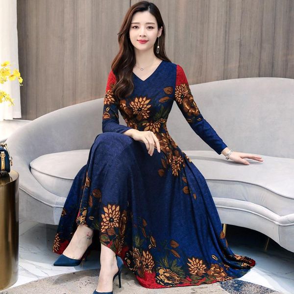 

casual dresses blue v neck floral dress elegant ladies midi vestido long sleeves big swing plus size autumn vintage, Black;gray
