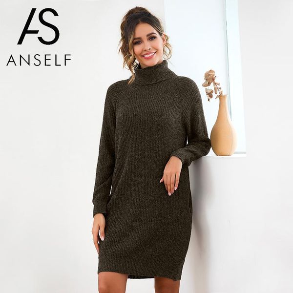 

casual dresses women sweater dress turtleneck raglan sleeve pockets ribbed long loose bodycon 2021 autumn winter pullovers female, Black;gray