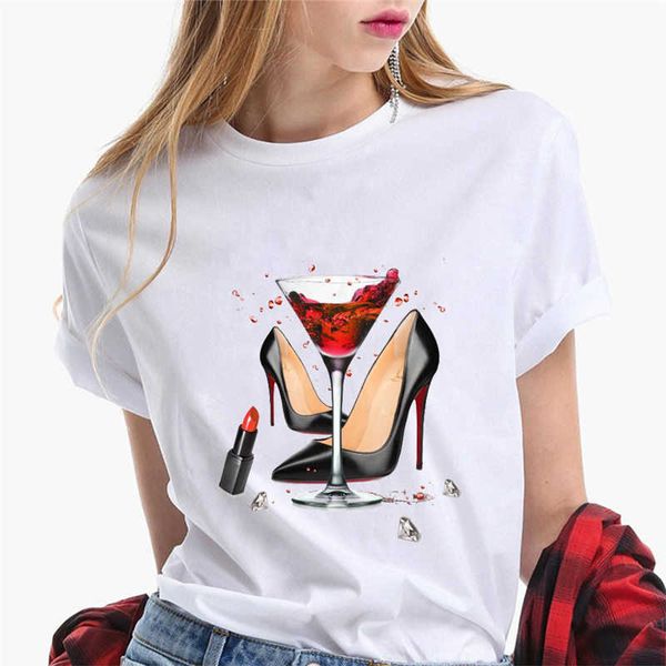 

women's t-shirt wine glass print ecg ladies casual 2020 summer x0527, White