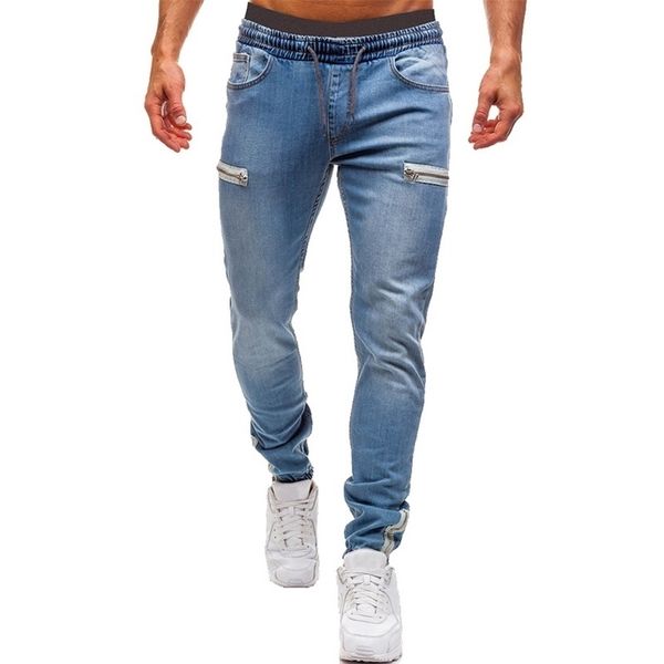 Calças algemas elásticas masculinas Casual Cordão Calças de Jeans Treinamento Jogger Calças Atléticas Calças de Moda Moda Calças Zipper 211104