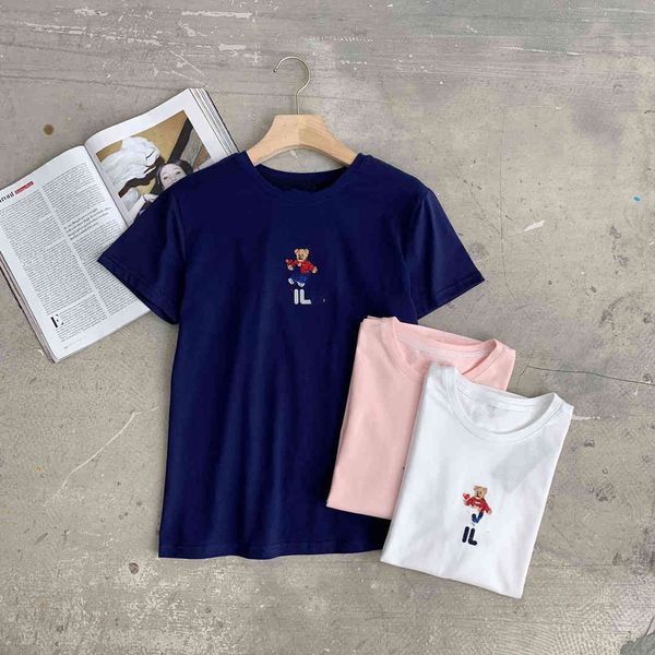 

brand t shirt and polos women's short sleeve 2021 summer new f family embroidered bear diamond mosaic round neck top, White