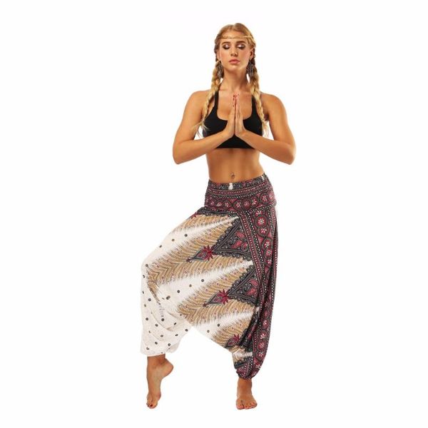 

yoga outfits  women pants blend bohemia multicolor geometric print long loose comfy harem trousers printed, White;red