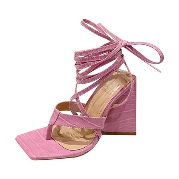 

dress shoes 2022 summer pink women sandals fashion cross-tied strange high heels square toe lace up party pumps woman, Black