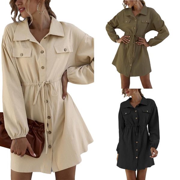 

autumn products fashion simple double pockets breasted belt shirt dress women casual dresses, Black;gray