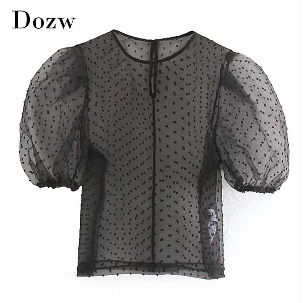 

women dot print organza blouses stylish o neck see through blouse shirts short sleeve transparent party blouses 210414, White