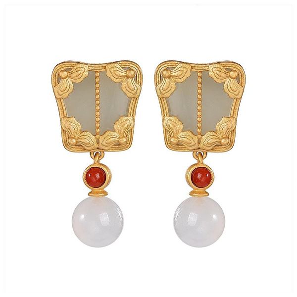 

stud s925 sterling silver gold plated hetian jade ear studs retro chinese style palm-leaf fan earring pendant for ladies earrings, Golden;silver