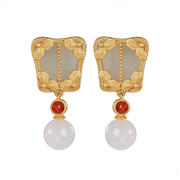 Stud S925 Sterling Silver Plated Gold Hetian Jade Ear Studs Retro Chinese Chinese Palma Brincho de fã de fã Pingente para brincos de damas