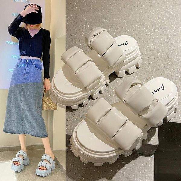 

slippers flat platform sandals women 2021 summer fashion leisure sport roman beach shoes leather slides flats flip flops, Black