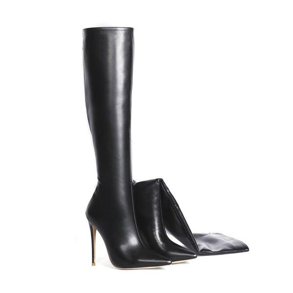 

boots catwalk women's shoes large knee high solid leather, Black