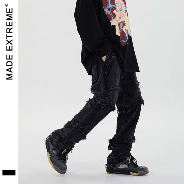 

make extreme street trend fring versatile mourning department ragged punk men's jeans, Blue