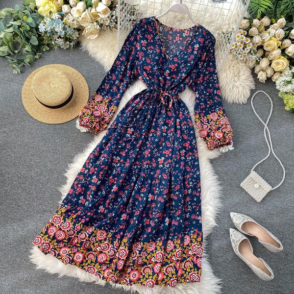 

casual dresses women vintage long robe elegant ladies floral printed slim a-line bodycon spring autumn puff sleeved beach dress, Black;gray