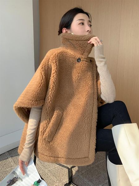 

women's fur & faux teddy bear shawl jacket female autumn winter camel gray sheep wool coat lapel short alpaca silk high-end fashion, Black