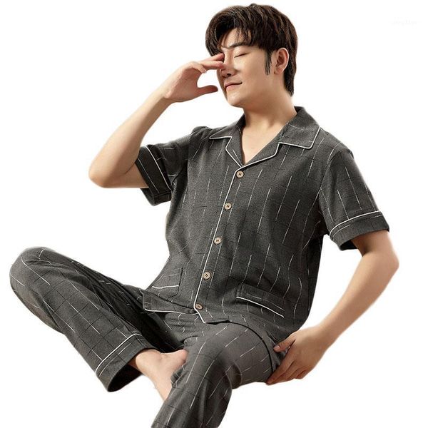 

cardigan men's home wear 2021 sleep cotton casual plaid men summer plus size pajama short-sleeved trousers sleepwear, Black;brown
