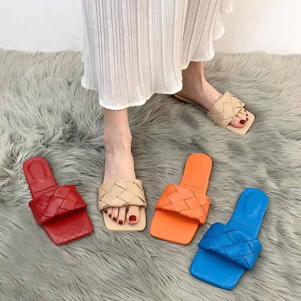 

fashion weave leather beach slippers women summer 2021 comfort soft flat with sandals woman square toe flip flops mujer, Black