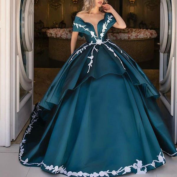 

off the shoulder satin ball gown quinceanera dresses lace applique ruffles prom gowns customise sweet 15 masquerade dress, Blue;red