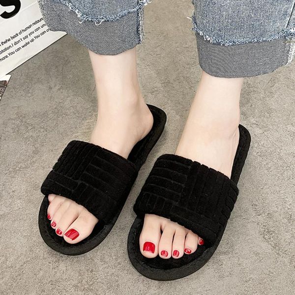 

slippers rimocy winter autumn for women 2021 flock open toe flat heel home slides woman solid color warm indoor flip flop female, Black