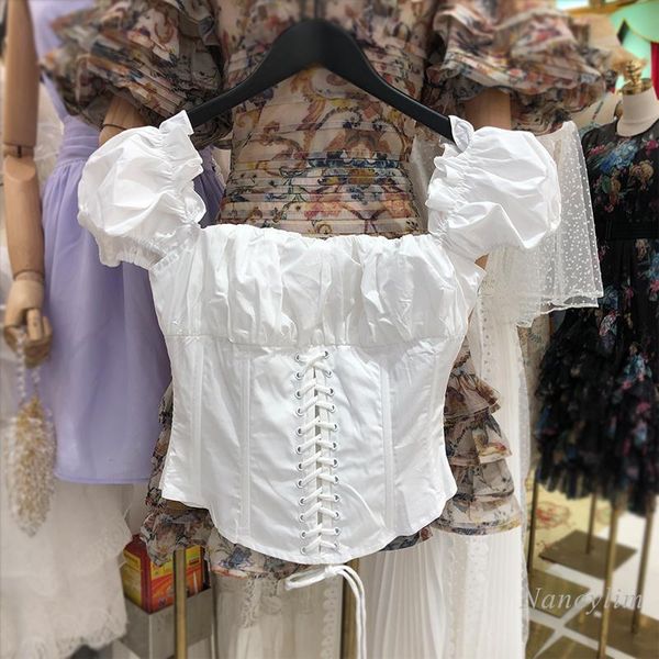 

women's blouses & shirts crop for women 2021 summer slim fit square color femme short sleeve white shirt cross lace up blusas nancylim