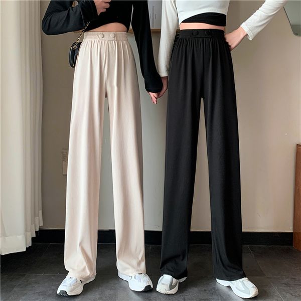 

capris ytx525 loose high waist drape and thin floor legged pants, Black;white