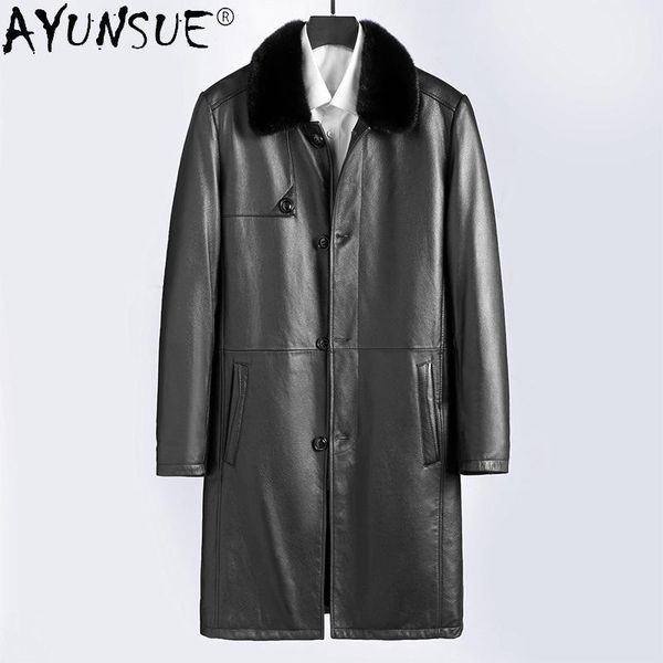 

men's leather & faux ayunsue winter 100% genuine goat skin jacket men 2021 real collar parka men's coat jaqueta masculina gxy26, Black