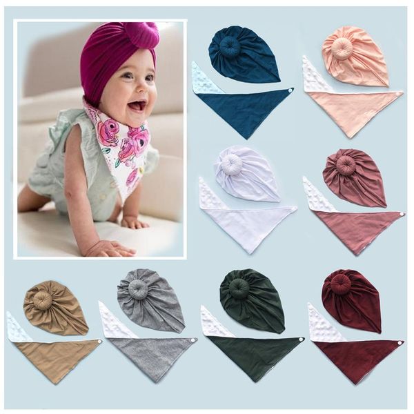 

10 colors cute infant toddler knot donut indian turban bib sets kids triangle scarf caps baby coral fleece hat burp cloths hairband