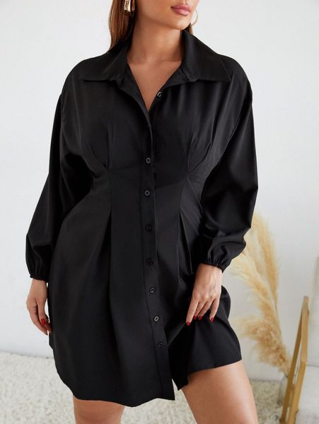 

plus lantern sleeve fold pleated shirt dress x9lt#, Black