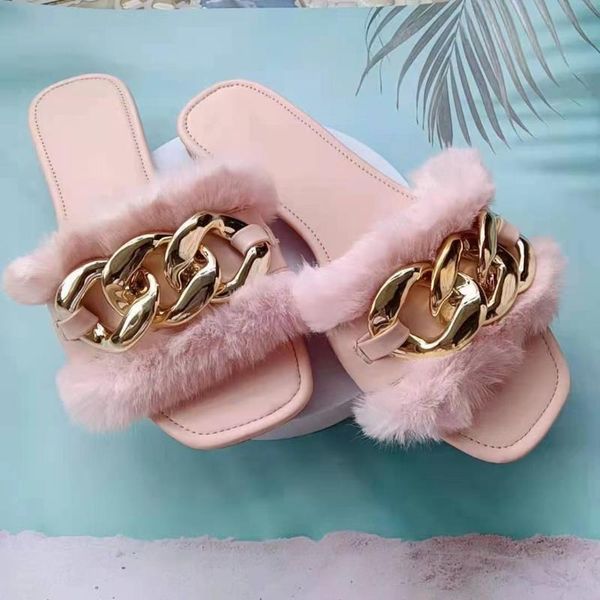 

slippers women 2021 flats furry flip flops indoor shoes fashion female metal casual house slides summer ladies fur, Black
