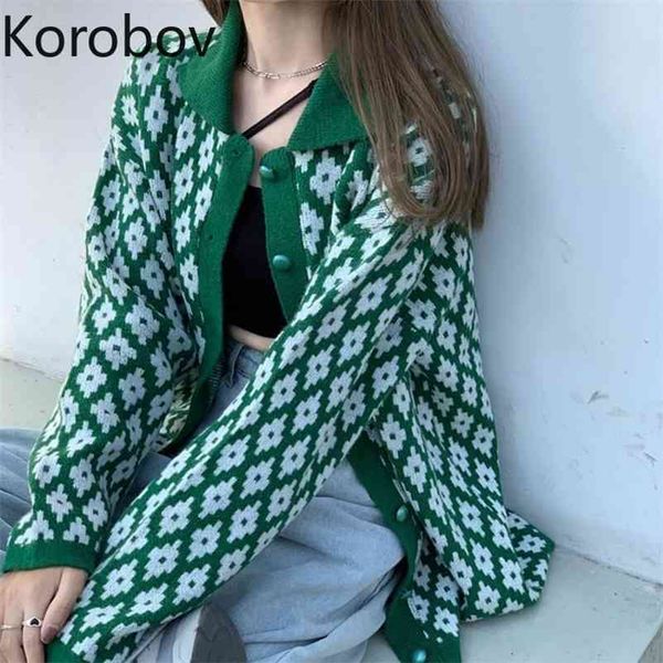 

korobov korean long sleeve turn-down collar women sweaters vintage flower single breasted sueter mujer chic jumper femme 210430, White