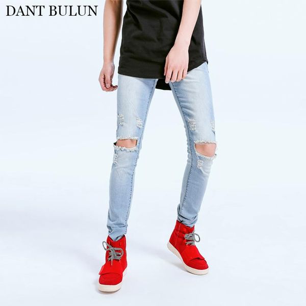

men's jeans skinny with ripped hole washed trousers casual stretchy slim fit denim jean pants cowboys young man, Blue