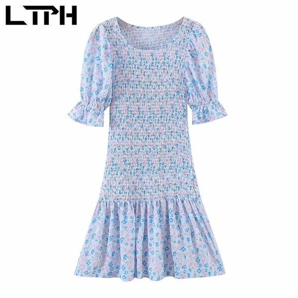 

ltph french floral print women dress o-neck puff sleeves full body elastic folds high waist slim vintage dresses summer 210423, Black;gray