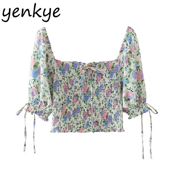 

women flowers print crop square neck puff sleeve elastic summer female holiday sweet short blouse 210514, White