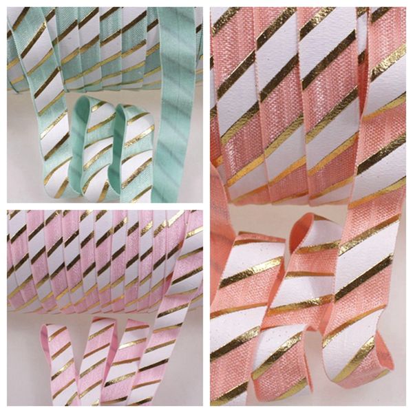 

100yards 5/8" gold foil slash white ink stripes foe ribbon big stripe fold over elastic welcome custom design, Pink;blue