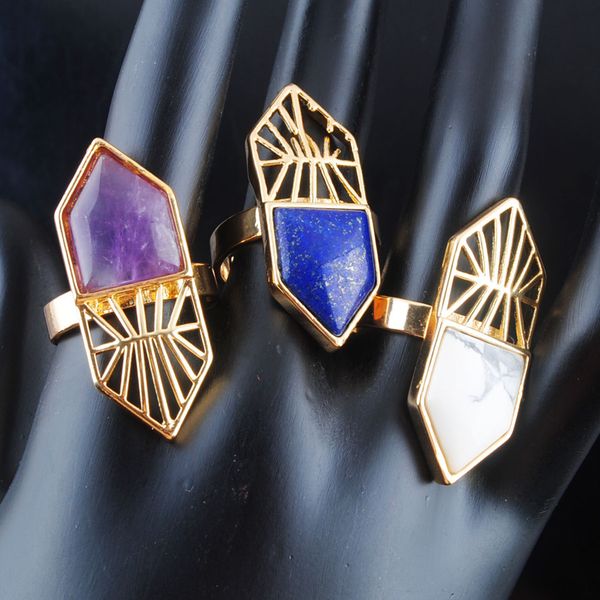 

wojiaer single natural gemstone finger ring jewelry women geometric nature stones party rings birthday gift for girls bx300, Golden;silver