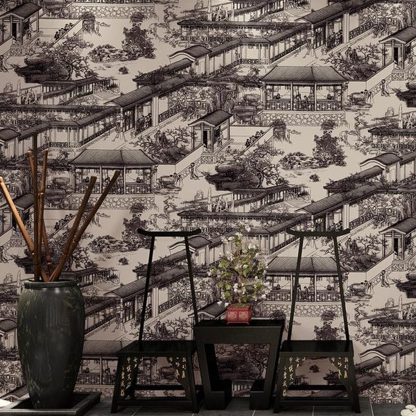 

wallpapers chinese style riverside wallpaper classic teahouse box el pvc waterproof engineering