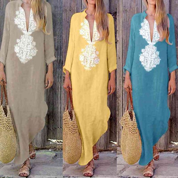 

s0 cotton linen summer dress women v-neck long sleeve beach long for women split hem baggy kaftan maxi dress robe, Black;gray