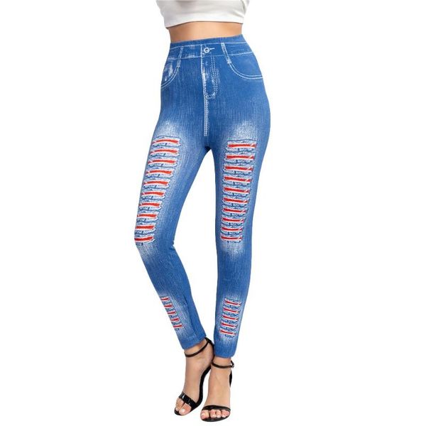 

women's jeans jaycosin fashion ladies casual jeggings stretchy elastic skinny female stripe print wet high waist trouser pants 226, Blue