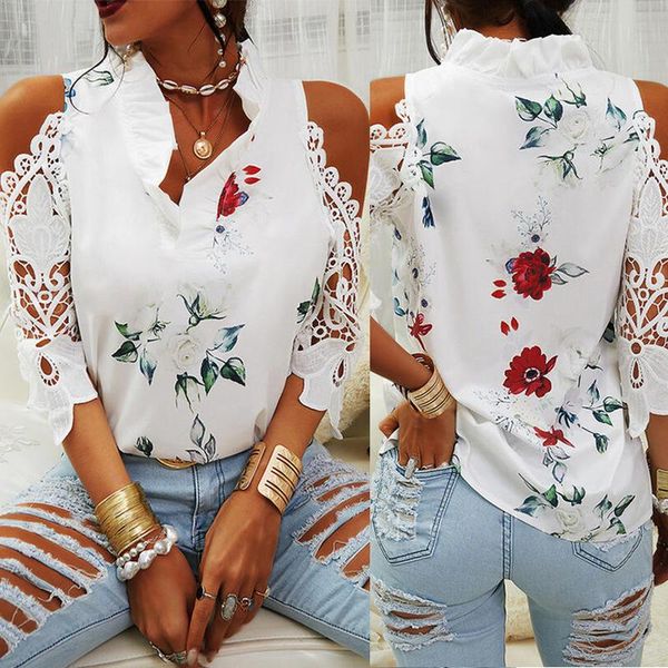 

women's blouses & shirts women hollow out printed elegant 3/4 sleeve lace v-neck summer female strapless blouse casual, White
