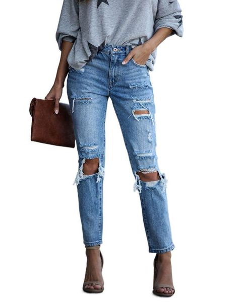 

women's jeans summer street hipster feet pants slim-fit and ripped cowgirl trousers, Blue