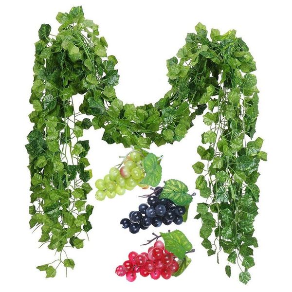 

strands artificial fake grape vines ivy leaves with 3 strings grapes for wedding party home wall decoration