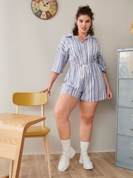 

plus striped print drop shoulder drawstring waist romper b7ss#, Black