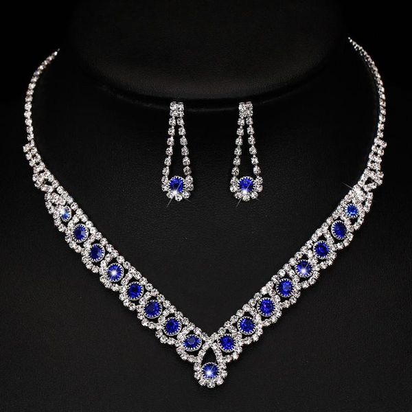 

earrings & necklace charm royal blue crystal bridal jewelry sets bling rhinestone statement choker for women wedding, Silver