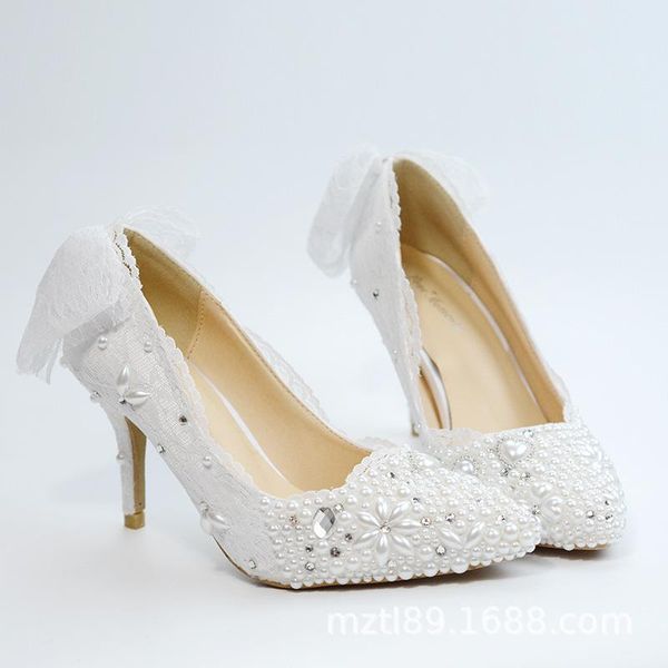 

dress shoes spring lace pearl rhinestone stiletto high heel bridal wedding bow knot banquet large size women's single, Black