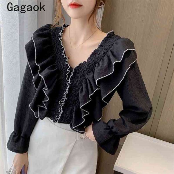 

womens spring autumne ruffles solid v-neck sweet flare sleeve slim shirts korean chic wild blouses 210531, White