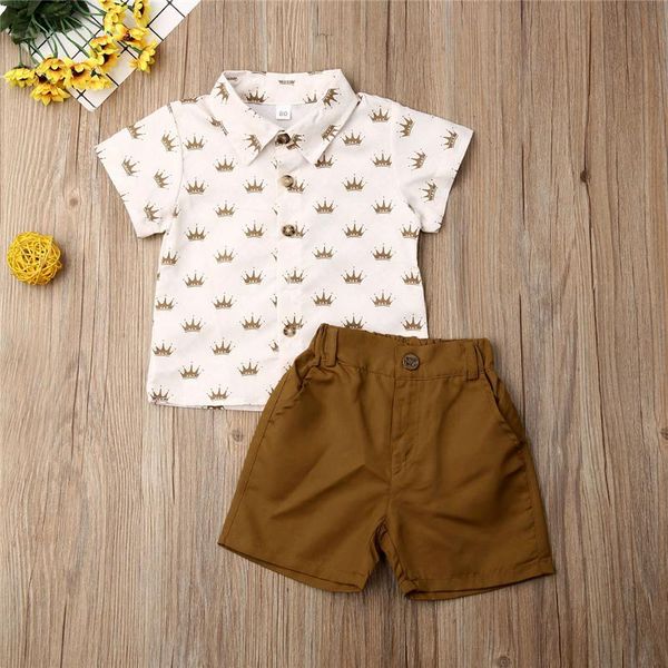 

clothing sets 2021 summer 2pcs toddler kids baby boy gentleman crown print t-shirt +pants shorts size 2-6y outfits set, White