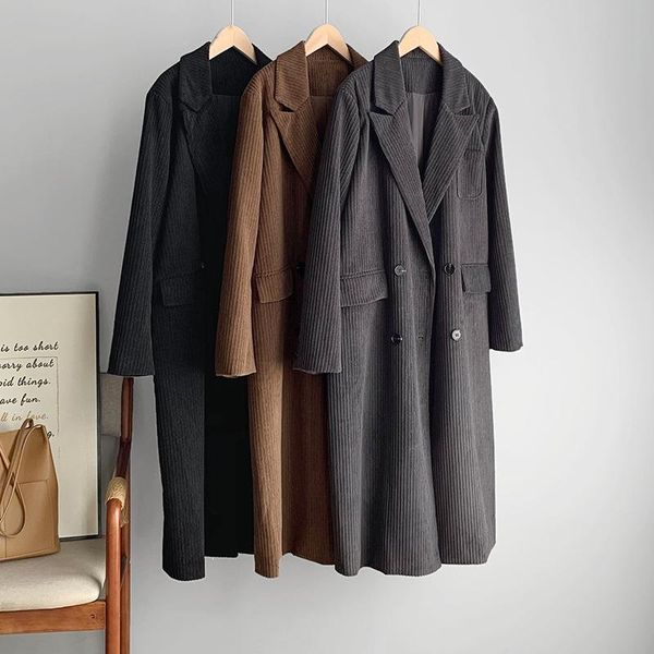 

women's trench coats long windbreaker 2021autumn corduroy suit coat double row button casual essential winter wide-waisted, Tan;black
