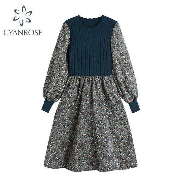 

casual dresses 2021 korean autumn vintage sweater dress women crewneck long sleeve patchwork pullover bandage knitting floral print vestidos, Black;gray