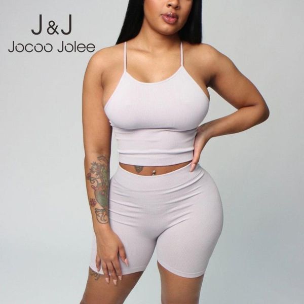 

women's tracksuits jocoo jolee strap tanks and shorts suit knitted camis two pieces sets 2021 europe style solid club suits tracks, Gray