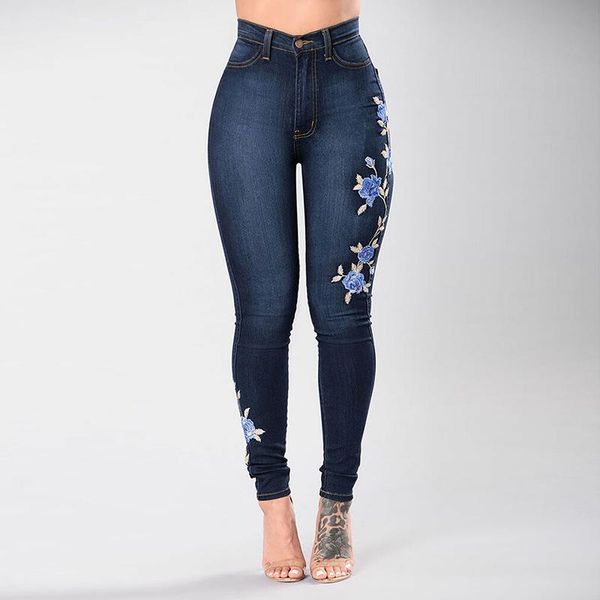 

women's jeans dark blue embroidery stretch skinny flowers print fashion street wear